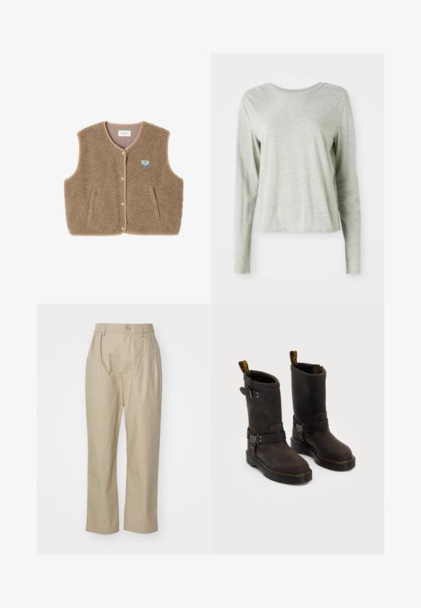 Hnedý fleecový vest s mäkkou štruktúrou, okrúhlym výstrihom, predným zapínaním na cvoky a bočnými vreckami; obsahuje malé logom.; Svetlošedá dlhá rukávová košeľa vyrobená z mäkkej látky, s okrúhlym výstrihom a voľným strihom. Švy podél strán.; Béžové nohavice vyrobené z bavlny, s uvoľneným strihom, predným skladom, uzáverom na jeden gombík a rovnými nohavicami so šitými lemami.; Tmavohnedé kožené čižmy s dizajnom do polovice lýtok, žltým šitím, nastaviteľnými prackami a pútkami na vrchu. Štruktúrovaný povrch.