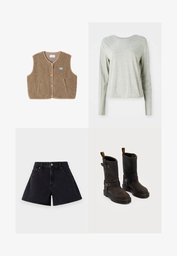 Chaleco de forro polar marrón con una textura suave, escote redondeado, cierre frontal de botones a presión y bolsillos laterales; presenta un pequeño parche con el logo.; Camisa de manga larga gris claro, hecha de una tela suave, con un escote redondo y un corte relajado. Detalles de costura a lo largo de los lados.; Shorts de mezclilla negra de cintura alta, con cierre frontal de botón, diseño de cinco bolsillos y una forma ligeramente acampanada.; Botas de cuero marrón oscuro con un diseño a media pantorrilla, costuras amarillas, correas de hebilla ajustables y lengüetas de tirón en la parte superior. Acabado texturizado.