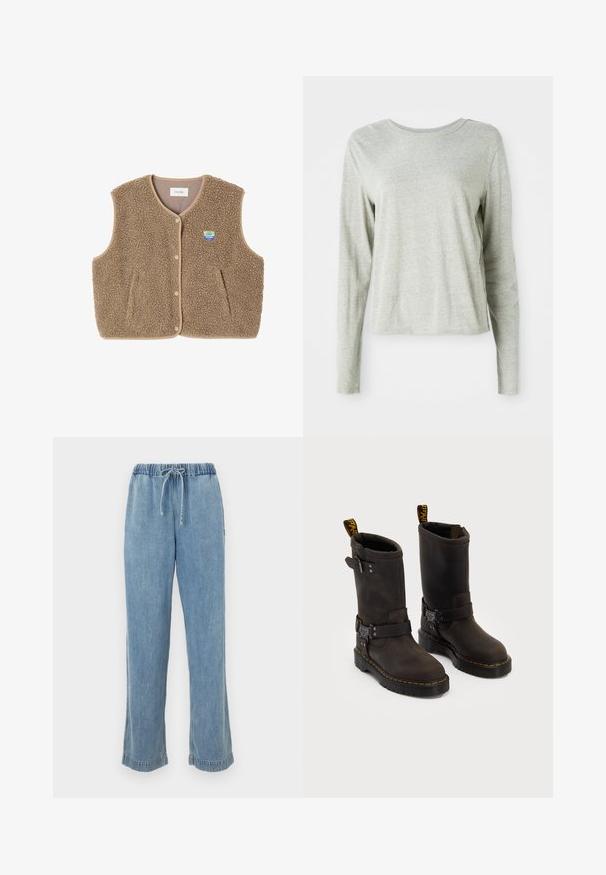 Hnědá fleecová vesta s jemnou texturou, kulatým výstřihem, předním zapínáním na patentky a bočními kapsami; má malou nášivku s logem.; Světle šedá košile s dlouhým rukávem vyrobená z měkké tkaniny, s kulatým výstřihem a uvolněným střihem. Švy podél boků.; Světlé modré džíny s elastickým pasem, šňůrkou a ohrnutými manžetami. Rovný střih se volným střihem.; Tmavě hnědé kožené boty se středně dlouhým designem, žlutým prošíváním, nastavovacími přezkami a poutky na vršku. Texturovaný povrch.