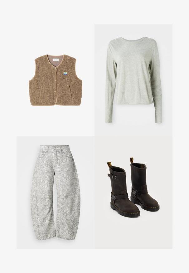 Ruskea fleece-liivi, jossa on pehmeä rakenne, pyöreä kaula-aukko, edessä nappisuljenta ja sivutaskut; sisältää pienen logopatchin.; Vaaleanharmaa pitkähihaista paitaa, jossa on pehmeä materiaali, pyöreä pääntie ja rento istuvuus. Saumat yksityiskohtina sivuilla.; Harmaasta ja kermanvärisestä käärmeennahkakuosisesta leveälahkeisesta farkuista. Denim-materiaalia, viisi taskua, näkyvällä ompelulla ja napilla kiinnitys.; Tummanruskeat nahkakengät, joissa on keskipolven pituinen muotoilu, keltaiset ompeleet, säädettävät solkihihnat ja vetonauhat ylhäällä. Rapeutettu pinta.