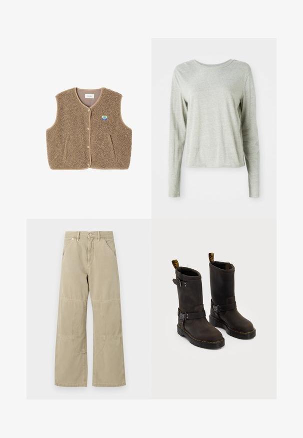 Bruine fleece vest met een zachte textuur, ronde halslijn, sluiting met drukknoop aan de voorkant en zijzakken; heeft een kleine logo patch.; Lichtgrijs shirt met lange mouwen, gemaakt van zachte stof, met een ronde halslijn en een relaxte pasvorm. Naaddetails langs de zijkanten.; Beige rechte broek met verstevigde kniestukken, voor- en achterzakken, riemlussen en knoopsluiting aan de taille.; Donkerbruin leren laarzen met een ontwerp tot halverwege de kuit, gele stiksels, verstelbare gespbanden en trekflappen aan de bovenkant. Gestructureerde afwerking.