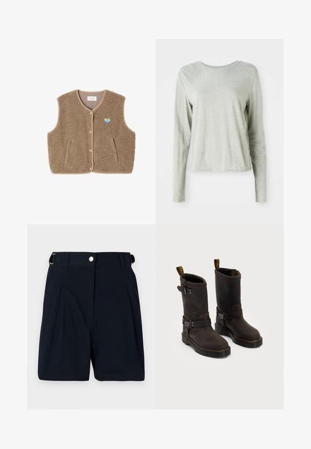 Hnědá fleecová vesta s jemnou texturou, kulatým výstřihem, předním zapínáním na patentky a bočními kapsami; má malou nášivku s logem.; Světle šedá košile s dlouhým rukávem vyrobená z měkké tkaniny, s kulatým výstřihem a uvolněným střihem. Švy podél boků.; Námořnické modré bavlněné šortky s plisovaným předním dílem, postranními poutky na opasek a kovovým zapínáním. Hladký povrch, úzký střih.; Tmavě hnědé kožené boty se středně dlouhým designem, žlutým prošíváním, nastavovacími přezkami a poutky na vršku. Texturovaný povrch.