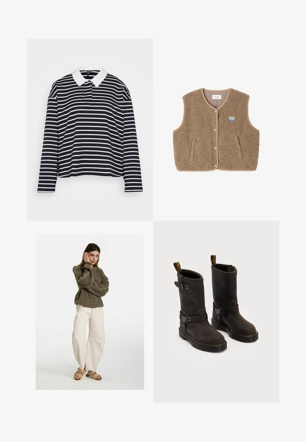 Rjav flis brezrokavnik z mehko teksturo, okroglim ovratnikom, sprednjim zapiranjem na pritiskače in stranskimi žepe; ima majhen logotip.; Črno-bela prugasta polo majica z dolgimi rokavi in belim ovratnikom, sproščenega kroja, z vodoravnimi črtami in mehko teksturo tkanine.; Free People GOOD LUCK MID RISE BARREL - Široke kavbojke - beige; Temno rjave usnjene čevlje s srednje dolgim dizajnom, rumenimi šivi, nastavljivimi sponkami in zanka za vlečenje na vrhu. Tekstura na površini.