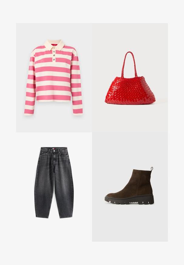 Brązowa kamizelka z polaru o miękkiej fakturze, z okrągłym dekoltem, z przodu na zatrzaski oraz z bocznymi kieszeniami; zawiera małą naszywkę z logo.; Polo z długim rękawem w paski w kolorze różowym i kremowym. Posiada kołnierzyk i trzy dekoracyjne guziki z przodu. Wykonany z materiału bawełnianego.; Czarny dżinsowy jeans o wysokim stanie z luźnym krojem, z pięcioma kieszeniami, szlufkami na pasek oraz metką z logo na pasek.; Brązowy zamszowy botek za kostkę z masywną czarną gumową podeszwą, posiadający lekki obcas i pętelkę z tyłu ułatwiającą zakładanie.; Czerwona pleciona torba o błyszczącej powierzchni, z plecionymi uchwytami. Charakterystyczny trójkątny kształt i teksturowana powierzchnia z ciasnym wzorem.