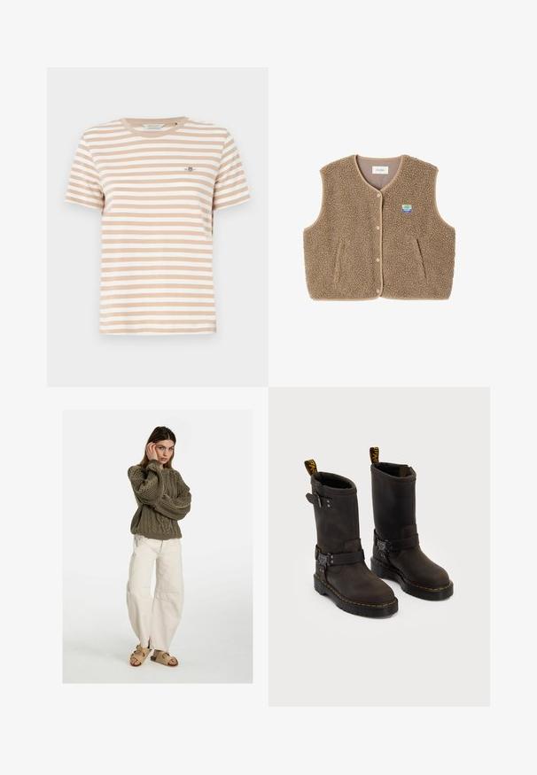 Brown fleece vest with a soft texture, rounded neckline, front snap closure, and side pockets; features a small logo patch.; Beige and white striped T-shirt with a crew neckline, short sleeves, and a small logo on the left chest. Soft cotton material.; Free People GOOD LUCK MID RISE BARREL - Relaxed fit jeans - beige; Dark brown leather boots with a mid-calf design, yellow stitching, adjustable buckle straps, and pull tabs on the top. Textured finish.