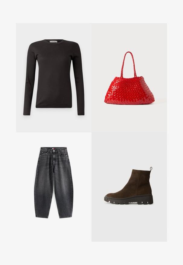 Pruun fliistekampsun pehmea tekstuuriga, ümar kaelus, eesnööbiga sulgemine ja küljetaskud; sisaldab väikest logo silti.; Must ooterpaelusega must ripp-tekstuuri t-särk, ümarate kraega ja kitsas disain. Valmistatud pehmest puuvillast, sobib ideaalselt kihiti kandmiseks.; Kõrgelt vööst mustad teksad, millel on lõdva lõige, viis taskut, vööloopidesse ja brändi silt vöökohtadel.; Pruun nahast pahkluu saabas, millel on tugev must kummitald, kerge konts ja tagumine tõmbetöödeldud osa, mis muudab selga panemise lihtsamaks.; Punane kootud käekott läikiva viimistluse ja punutud käepidemetega. Silmatorkav kolmnurkne kuju ja tekstureeritud pind tiheda mustriga.