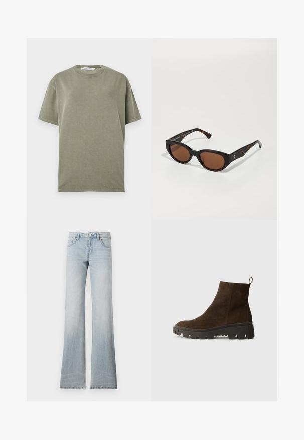 Smeđa flis prsluk s mekom teksturom, okruglim izrezom, prednjim zatvaranjem na kopču i bočnim džepovima; sadrži malu oznaku loga.; Maslinasto zelena pamučna majica s kratkim rukavima i okruglim izrezom, s jednostavnim, neukrašenim dizajnom. Mekana tekstura i opušteni kroj.; Svijetloplavi traperice u flared stilu s izblijedjelim finišem, pet džepova i kopčom na gumb. Tkanina ima glatku teksturu i laganu rastezljivost.; Smeđi nubuk čizmica do gležnjeva s debelim crnim gumennim potplatom, koja ima blagi potpeticu i vezicu na stražnjem dijelu za lakše oblačenje.; Crne kornjačaste sunčane naočale s smešnim lećama, uglastog dizajna, širokim krakovima s suptilnim logotipom. Glatka plastična tekstura.