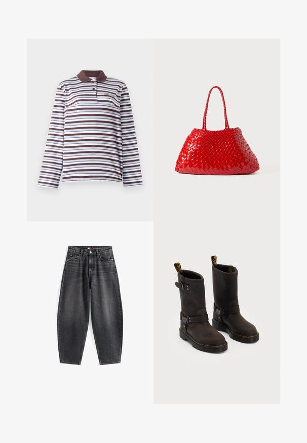 Gilet en polaire marron avec une texture douce, encolure ronde, fermeture à pression à l'avant et poches latérales ; présente un petit patch logo.; Samsøe Samsøe SADOVER - T-shirt à manches longues - raisin skyway; Jeans en denim noir taille haute avec une coupe décontractée, dotés de cinq poches, de passants de ceinture et d'une étiquette de brand sur la ceinture.; Bottes en cuir marron foncé au design mi-mollet, avec des coutures jaunes, des sangles à boucle réglables et des tirettes en haut. Fini texturé.; Sac à main tissé rouge avec finition brillante, doté de poignées tressées. Forme triangulaire distinctive et surface texturée avec un motif serré.