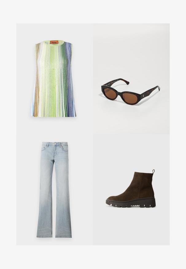 Hnedý fleecový vest s mäkkou štruktúrou, okrúhlym výstrihom, predným zapínaním na cvoky a bočnými vreckami; obsahuje malé logom.; Nádržkový top s vertikálnymi pruhmi v zelených, modrých a strieborných odtieňoch. Vyrobený z textúrovanej tkaniny s okrúhlym výstrihom a s logom.; Svetlomodré riflové nohavice s rozšírením, so vzorom vyblednutia, piatimi vreckami a zapínaním na gombík. Tkanina má hladkú textúru a jemný elastický efekt.; Hnedé semišové členkové topánky s hrubou čiernou gumovou podrážkou, s mierne zvýšeným opätkom a s pútkom na zadnej strane pre jednoduché obliekanie.; Čierne korytnačkovité slnečné okuliare s hnedými sklami, s ostrým dizajnom a širokými ramenami, obsahujúcimi jemný detail loga. Hladký plastový povrch.; Zelená semišová taška s mäkkou textúrou, uvoľneným dizajnom a prešitými švami. Zahrnuje jeden popruh a otvorenú hlavnú priehradku.