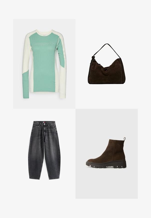 Hnědá fleecová vesta s jemnou texturou, kulatým výstřihem, předním zapínáním na patentky a bočními kapsami; má malou nášivku s logem.; Halenka s dlouhým rukávem v mátově zelené a krémové barvě, s kulatým výstřihem, kontrastními bočními panely a logem "NORRØNA" v světle šedé barvě.; Černé džíny s vysokým pasem a uvolněným střihem, obsahující pět kapes, poutka na opasek a značkovou etiketu na pase.; Hnědé semišové kotníkové boty s masivní černou gumovou podrážkou, s mírným podpatkem a s poutkem na zadní straně pro snadné obouvání.; Hnědá semišová hobo taška s měkkým, volným tvarem, která má jeden ramenní popruh a jemné švy podél okrajů.