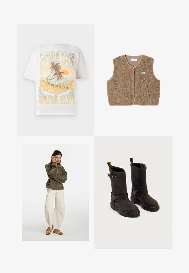 Brauner Fleece-Weste mit weicher Textur, runder Ausschnitt, vorderer Druckverschluss und Seitentaschen; verfügt über ein kleines Logo-Patch.; Weißes Baumwoll-T-Shirt mit einem bunten Grafikdruck, der Palmen, die Sonne und den Text "SUNKISSED IN PARADISE", "BILLABONG" und "SUMMERTIME SESSIONS" zeigt.; Free People GOOD LUCK MID RISE BARREL - Jeans Relaxed Fit - beige; Dunkelbraune Lederstiefel mit einem Design bis zur Mitte der Wade, gelben Nähten, verstellbaren Schnallenriemen und Zuglaschen oben. Strukturierte Oberfläche.