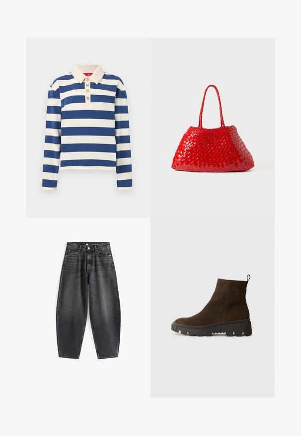 Brauner Fleece-Weste mit weicher Textur, runder Ausschnitt, vorderer Druckverschluss und Seitentaschen; verfügt über ein kleines Logo-Patch.; Gestreiftes Poloshirt mit breiten marineblauen und cremefarbenen Streifen, einem klassischen Kragen und fünf dekorativen Knöpfen auf der Vorderseite. Lange Ärmel.; Hochgeschnittene schwarze Denim-Jeans mit lockerer Passform, ausgestattet mit fünf Taschen, Gürtelschlaufen und einem Markenlabel am Bund.; Braune Wildleder-Ankle-Boots mit einer stabilen schwarzen Gummisohle, leichtem Absatz und einer Schlaufe auf der Rückseite für einfaches Anziehen.; Rote gewebte Handtasche mit glänzender Oberfläche, ausgestattet mit geflochtenen Griffen. Auffällige dreieckige Form und strukturierte Oberfläche mit dichtem Muster.