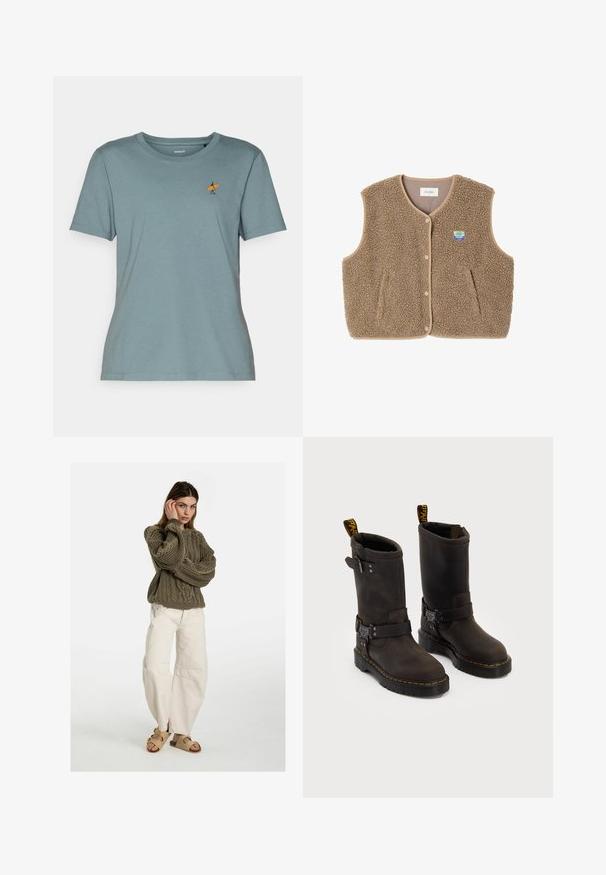 Hnědá fleecová vesta s jemnou texturou, kulatým výstřihem, předním zapínáním na patentky a bočními kapsami; má malou nášivku s logem.; Tričko s krátkým rukávem z měkkého modrozeleného bavlněného materiálu, s malým vyšitým motivem postavy držící oranžovou surfovací desku na levé straně hrudi.; Free People GOOD LUCK MID RISE BARREL - Džíny Relaxed Fit - beige; Tmavě hnědé kožené boty se středně dlouhým designem, žlutým prošíváním, nastavovacími přezkami a poutky na vršku. Texturovaný povrch.