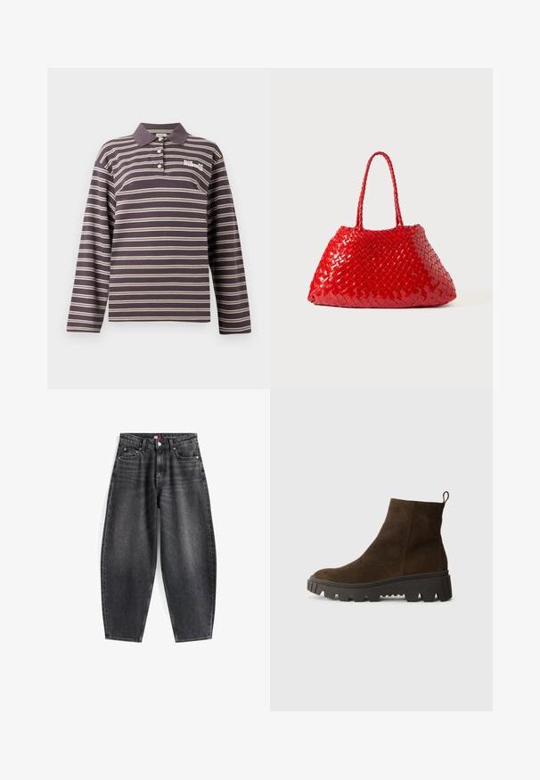 Ruskea fleece-liivi, jossa on pehmeä rakenne, pyöreä kaula-aukko, edessä nappisuljenta ja sivutaskut; sisältää pienen logopatchin.; Tumman violetin pitkähihainen polo-paita, jossa on valkoisia vaakasuoria raitoja, napillinen kaulus ja brodattu logo rinnassa.; Korkeavyötäröiset mustat farkut rentoon istuvuuteen, joissa on viisi taskua, vyölenkit ja merkkilabel vyötäröllä.; Ruskoharmaa nahkasaapas nilkkoihin, jossa on paksu musta kumipohja, hieno korko ja vetotappi takana helppoa pukemista varten.; Punottu punainen käsilaukku kiiltävällä pinnalla, jossa on letitetyt kahvat. Erityinen kolmiomainen muoto ja karheus tiheällä pinnalla.