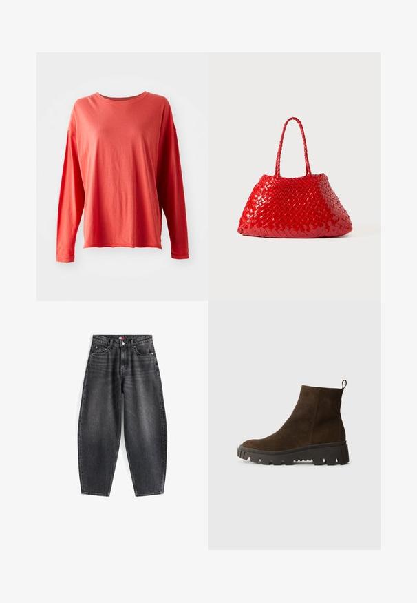Hnědá fleecová vesta s jemnou texturou, kulatým výstřihem, předním zapínáním na patentky a bočními kapsami; má malou nášivku s logem.; Dlouhý rukáv korálově červeného trička s kulatým výstřihem, volný střih a viditelné švy na rukávech a lemu, vystavené na bílém pozadí.; Černé džíny s vysokým pasem a uvolněným střihem, obsahující pět kapes, poutka na opasek a značkovou etiketu na pase.; Hnědé semišové kotníkové boty s masivní černou gumovou podrážkou, s mírným podpatkem a s poutkem na zadní straně pro snadné obouvání.; Červená tkaná kabelka s lesklým povrchem, vybavená pletenými ušima. Výrazný trojúhelníkový tvar a texturovaný povrch s hustým vzorem.