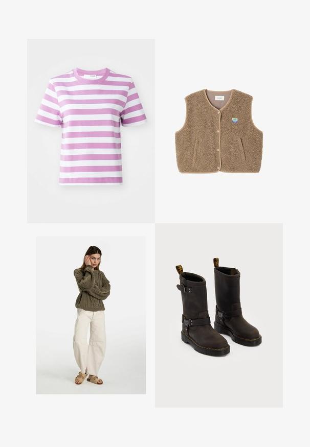 Brown fleece vest with a soft texture, rounded neckline, front snap closure, and side pockets; features a small logo patch.; Selected Femme SLFESSENTIAL STRIPED BOXY TEE - Print T-shirt - first bloom; Free People GOOD LUCK MID RISE BARREL - Relaxed fit jeans - beige; Dark brown leather boots with a mid-calf design, yellow stitching, adjustable buckle straps, and pull tabs on the top. Textured finish.