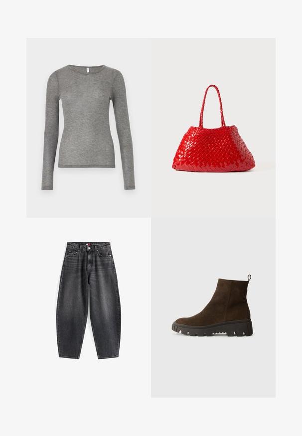 Brown fleece vest with a soft texture, rounded neckline, front snap closure, and side pockets; features a small logo patch.; Samsøe Samsøe DOU - Long sleeved top - grey; High-waisted black denim jeans with a relaxed fit, featuring five pockets, belt loops, and a branded waistband label.; Brown suede ankle boot with a chunky black rubber sole, featuring a slight heel and a pull tab at the back for easy wear.; Red woven handbag with glossy finish, featuring braided handles. Distinctive triangular shape and textured surface with a tight pattern.