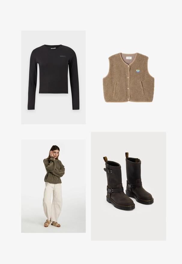 Rjav flis brezrokavnik z mehko teksturo, okroglim ovratnikom, sprednjim zapiranjem na pritiskače in stranskimi žepe; ima majhen logotip.; Črni dolg rokav krojena majica iz elastičnega blaga, z okroglo ovratnikom in majhnim logotipom natisnjenim na prsih.; Free People GOOD LUCK MID RISE BARREL - Široke kavbojke - beige; Temno rjave usnjene čevlje s srednje dolgim dizajnom, rumenimi šivi, nastavljivimi sponkami in zanka za vlečenje na vrhu. Tekstura na površini.