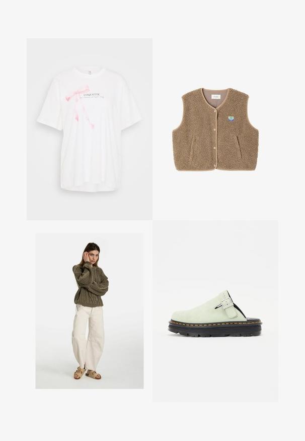 Brun fleece vest med en blød tekstur, rund halsudskæring, frontsnaplukning og sidelommer; har et lille logo patch.; Hvid kortærmet t-shirt med et pink båndgrafik og teksten "COQUETTE" i sort. Blødt stof med en afslappet pasform.; Free People GOOD LUCK MID RISE BARREL - Jeans Relaxed Fit - beige; Lysgrønne ruskindstræsko med rund tå, justerbar spænde, og sort tekstureret sål med orange stikning.