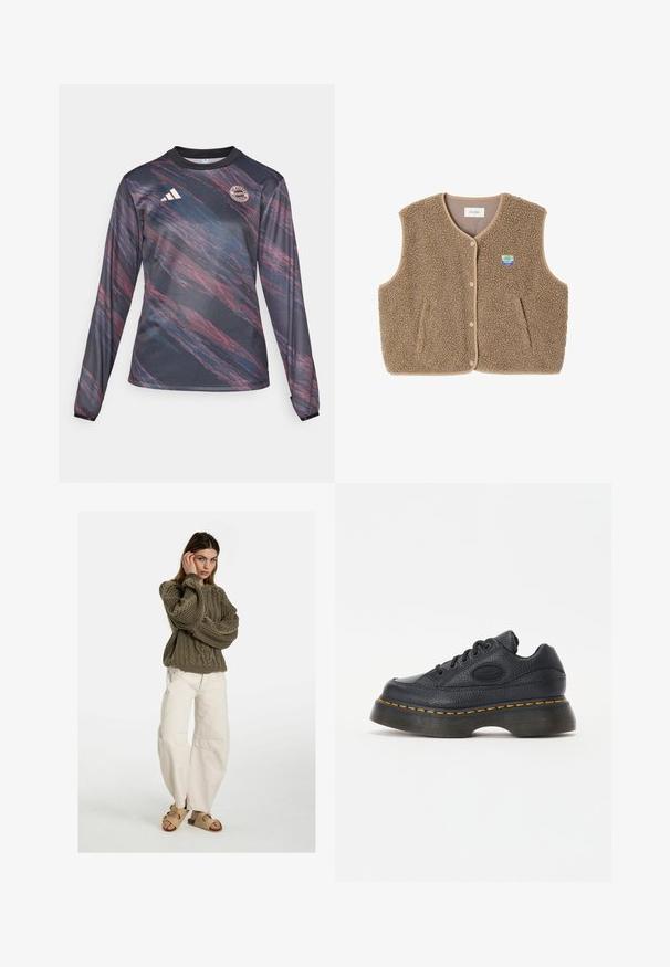 Brun fleece vest med en blød tekstur, rund halsudskæring, frontsnaplukning og sidelommer; har et lille logo patch.; Langærmet sportsjersey lavet af tekstureret sort stof med abstrakte røde og blå mønstre; har adidas-logo og holdemblemet på brystet.; Free People GOOD LUCK MID RISE BARREL - Jeans Relaxed Fit - beige; Sort lædersneaker med struktureret overflade, rund tå og tyk plateau sål. Har gule kontrastsyninger og et mærke-logo på siden.