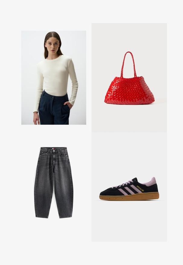 Brązowa kamizelka z polaru o miękkiej fakturze, z okrągłym dekoltem, z przodu na zatrzaski oraz z bocznymi kieszeniami; zawiera małą naszywkę z logo.; Długie rękawy, rypsowa creamowa bluzka w połączeniu z spodniami o wysokim stanie w kolorze granatowym, z detalem w postaci guzika i bocznymi kieszeniami. Czysty design i gładka tekstura.; Czarny dżinsowy jeans o wysokim stanie z luźnym krojem, z pięcioma kieszeniami, szlufkami na pasek oraz metką z logo na pasek.; Czarno-różowe sneakersy z zamszu z gumową podeszwą, trzema różowymi paskami, złotym logiem "SPEZIAL" oraz teksturowaną podeszwą z gumy. Niskoprofilowy design.; Czerwona pleciona torba o błyszczącej powierzchni, z plecionymi uchwytami. Charakterystyczny trójkątny kształt i teksturowana powierzchnia z ciasnym wzorem.
