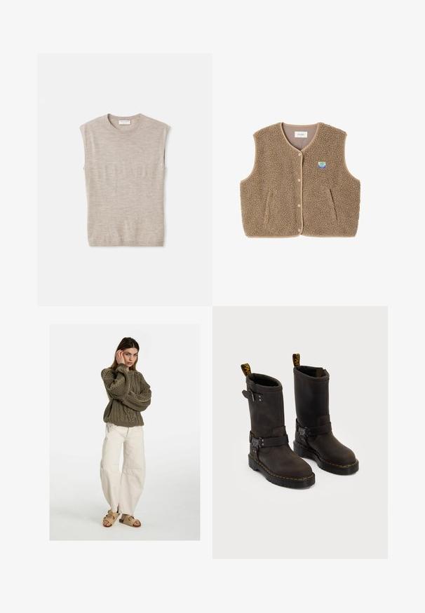 Pruun fliistekampsun pehmea tekstuuriga, ümar kaelus, eesnööbiga sulgemine ja küljetaskud; sisaldab väikest logo silti.; Kerge beež ilma varrukatop, mis on valmistatud pehmest materjalist, millel on ümar kaelus, puhtad jooned ja veidi vabam istuvus. Minimalistlik disain.; Free People GOOD LUCK MID RISE BARREL - Avar lõikega teksad - beige; Tumedate pruunid nahast saapad keskmise kannaga, kollased õmblused, reguleeritavad klambrid ja tõmblukud ülaosas. Marmoreeritud viimistlus.