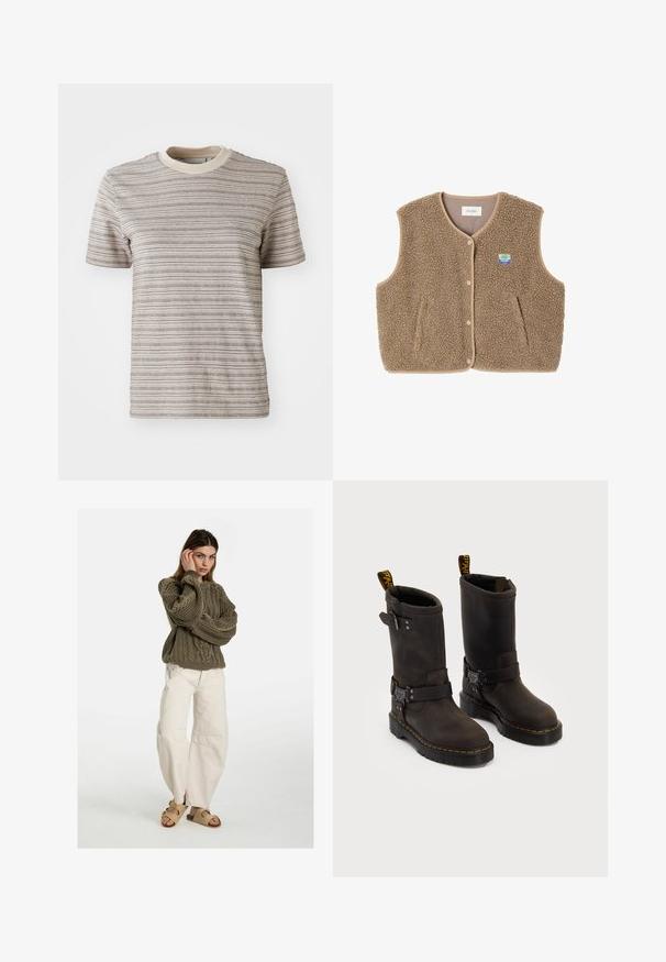 Gilet in felpa marrone con una texture morbida, scollo rotondo, chiusura frontale con bottoni a pressione e tasche laterali; presenta un piccolo logo ricamato.; T-shirt a maniche corte a righe in beige e crema. Presenta un collo rotondo con una colletto a contrasto e un tessuto con motivo testurizzato.; Free People GOOD LUCK MID RISE BARREL - Jeans baggy - beige; Stivali in pelle marrone scuro con design a metà polpaccio, cuciture gialle, cinturini con fibbia regolabile e maniglie nella parte superiore. Finitura texture.