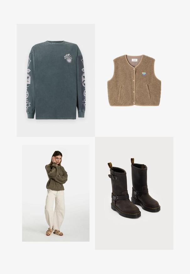 Brūns flīsa žakets ar mīkstu tekstūru, noapaļotu kakla izgriezumu, priekšējo spiedpogu aizdari un sānu kabatām; tam ir maza logo uzšuve.; Tumši zaļš kokvilnas krekls ar garām piedurknēm, ar baltām grafiskām drukām uz piedurknēm un krūtīm. Ribots apkakles un piedurkņu gali. Standarta piegriezums.; Free People GOOD LUCK MID RISE BARREL - Brīva piegriezuma džinsi - beige; Tumši brūni ādas zābaki ar vidukļa dizainu, dzelteni izšuvumi, regulējamas sprādzes un cilpas augšpusē. Strukturēta apdare.