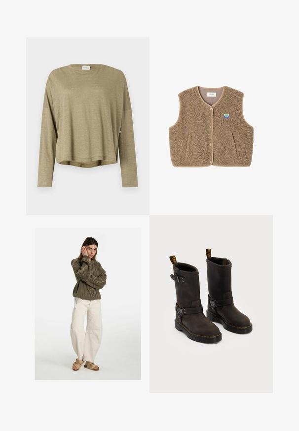 Ruskea fleece-liivi, jossa on pehmeä rakenne, pyöreä kaula-aukko, edessä nappisuljenta ja sivutaskut; sisältää pienen logopatchin.; Olivi vihreä pitkähihainen T-paita, jossa on rento malli, pyöreä kaula-aukko ja pehmeä, kevyt kuitu, jossa on sivurei'ät helmassa.; Free People GOOD LUCK MID RISE BARREL - Relaxed fit -farkut - beige; Tummanruskeat nahkakengät, joissa on keskipolven pituinen muotoilu, keltaiset ompeleet, säädettävät solkihihnat ja vetonauhat ylhäällä. Rapeutettu pinta.