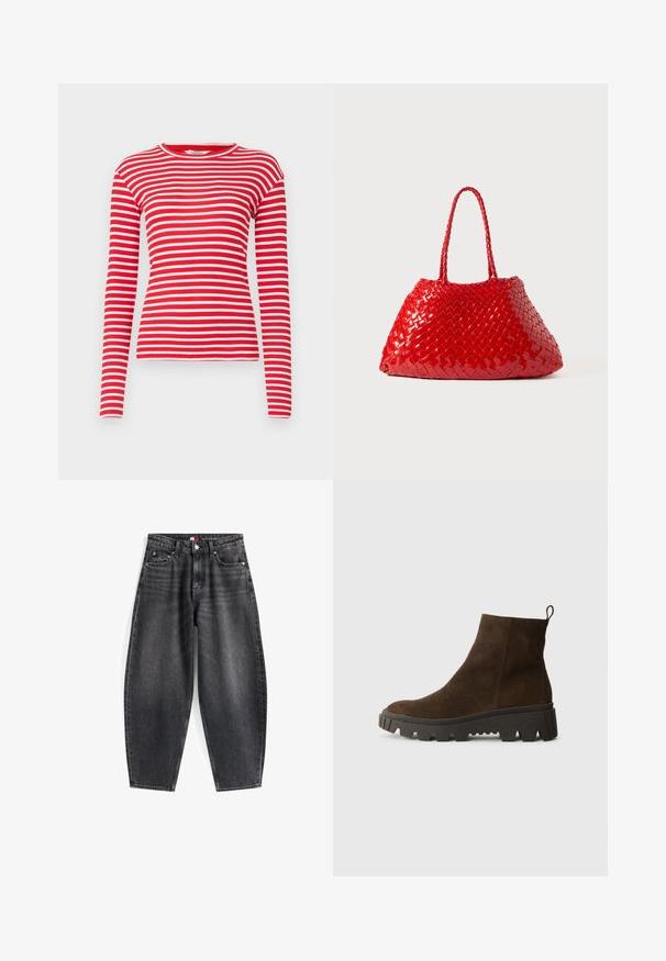 Brauner Fleece-Weste mit weicher Textur, runder Ausschnitt, vorderer Druckverschluss und Seitentaschen; verfügt über ein kleines Logo-Patch.; Langärmeliges Shirt mit rot-weißen Streifen, aus geripptem Stoff, mit Rundhalsausschnitt und figurbetonter Passform. Das Muster besteht aus horizontalen Streifen.; Hochgeschnittene schwarze Denim-Jeans mit lockerer Passform, ausgestattet mit fünf Taschen, Gürtelschlaufen und einem Markenlabel am Bund.; Braune Wildleder-Ankle-Boots mit einer stabilen schwarzen Gummisohle, leichtem Absatz und einer Schlaufe auf der Rückseite für einfaches Anziehen.; Rote gewebte Handtasche mit glänzender Oberfläche, ausgestattet mit geflochtenen Griffen. Auffällige dreieckige Form und strukturierte Oberfläche mit dichtem Muster.