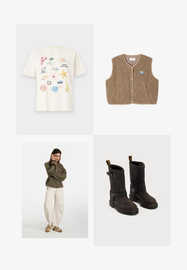 Brauner Fleece-Weste mit weicher Textur, runder Ausschnitt, vorderer Druckverschluss und Seitentaschen; verfügt über ein kleines Logo-Patch.; Cremefarbenes Baumwoll-T-Shirt mit einer Collage aus ozeanischen Grafiken, darunter Muscheln, ein Hummer und Meerespflanzen.; Free People GOOD LUCK MID RISE BARREL - Jeans Relaxed Fit - beige; Dunkelbraune Lederstiefel mit einem Design bis zur Mitte der Wade, gelben Nähten, verstellbaren Schnallenriemen und Zuglaschen oben. Strukturierte Oberfläche.