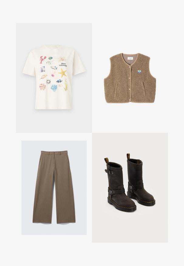 Gilet in felpa marrone con una texture morbida, scollo rotondo, chiusura frontale con bottoni a pressione e tasche laterali; presenta un piccolo logo ricamato.; T-shirt di cotone color crema con un collage di grafica a tema marino, tra cui conchiglie, un'aragosta e piante marine.; Pantaloni larghi a righe marroni con una texture liscia e un design classico, dotati di una vita e pieghe frontali per una vestibilità su misura.; Stivali in pelle marrone scuro con design a metà polpaccio, cuciture gialle, cinturini con fibbia regolabile e maniglie nella parte superiore. Finitura texture.
