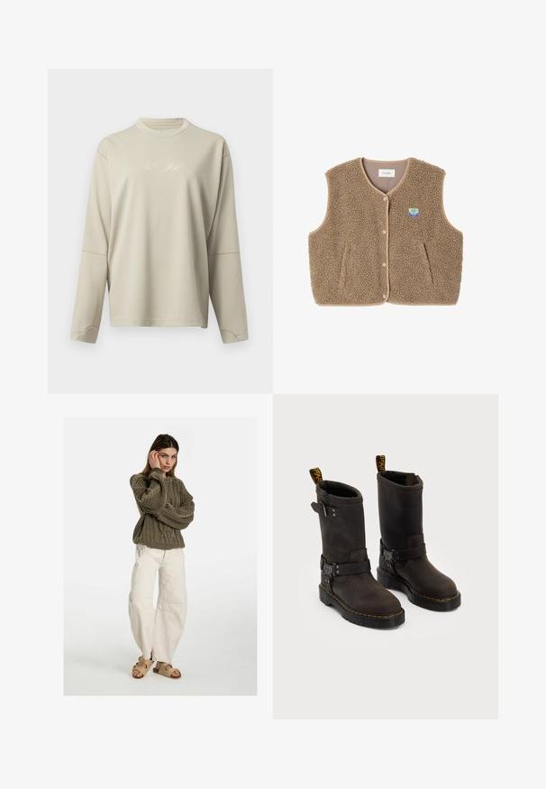 Brūns flīsa žakets ar mīkstu tekstūru, noapaļotu kakla izgriezumu, priekšējo spiedpogu aizdari un sānu kabatām; tam ir maza logo uzšuve.; Gaiši bēšs garām piedurknēm izšūts tops ar apaļu kakla griezumu. Satur viegli iespiestu logotipu un kontrastējošu dūrienu gar šuvēm.; Free People GOOD LUCK MID RISE BARREL - Brīva piegriezuma džinsi - beige; Tumši brūni ādas zābaki ar vidukļa dizainu, dzelteni izšuvumi, regulējamas sprādzes un cilpas augšpusē. Strukturēta apdare.