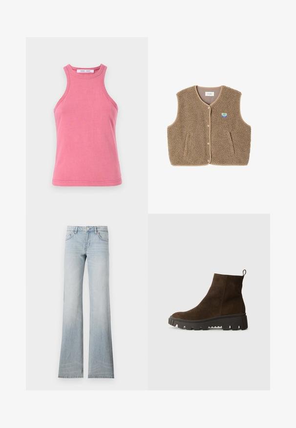 Pruun fliistekampsun pehmea tekstuuriga, ümar kaelus, eesnööbiga sulgemine ja küljetaskud; sisaldab väikest logo silti.; Roosa puuvillane tank top ümmarguse kaeluse ja rinnanõgusa disainiga. Omab kahekordse õmblusega servasid ja pehmet, siledat tekstuuri.; Heledad sinine denimist flared teksad, tuhmumisega viimistlusega, viie taskuga ja nööbiga sulgemine. Kanga tekstuur on sile ja veidi elastne.; Pruun nahast pahkluu saabas, millel on tugev must kummitald, kerge konts ja tagumine tõmbetöödeldud osa, mis muudab selga panemise lihtsamaks.