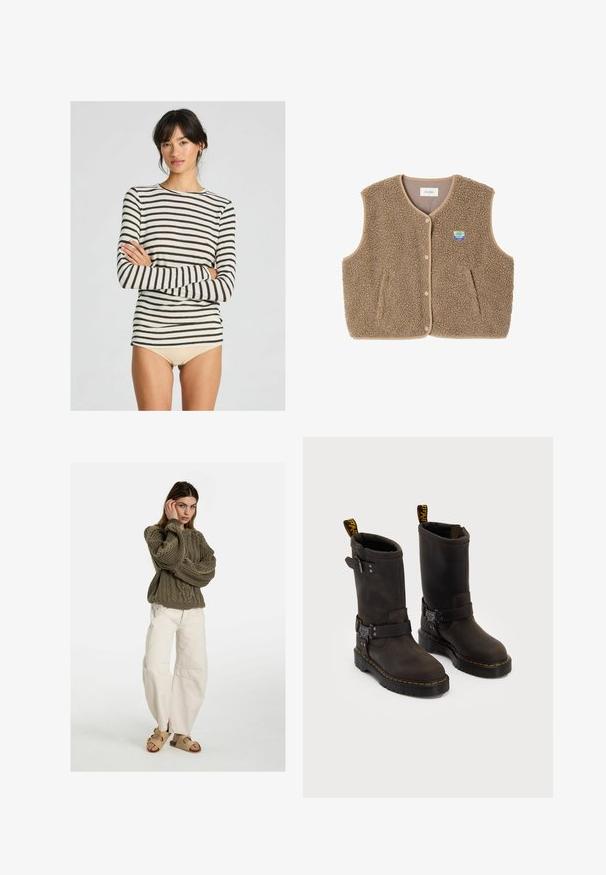 Brown fleece vest with a soft texture, rounded neckline, front snap closure, and side pockets; features a small logo patch.; Long-sleeve striped top featuring cream and dark brown stripes, soft fabric, crew neckline, and fitted design.; Free People GOOD LUCK MID RISE BARREL - Relaxed fit jeans - beige; Dark brown leather boots with a mid-calf design, yellow stitching, adjustable buckle straps, and pull tabs on the top. Textured finish.
