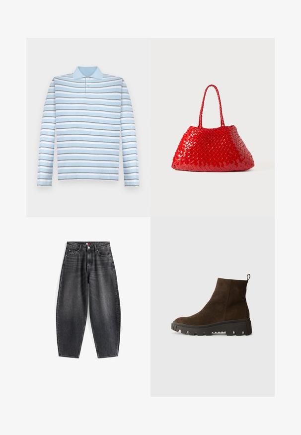 Rudas pūkų liemenė su minkšta tekstūra, suapvalintu apykakle, priekiniais spaudžiamaisiais užtrauktukais ir šoninėmis kišenėmis; turi mažą logotipo etikėtę.; Šviesiai mėlynas ilgomis rankovėmis polo marškinėliai su horizontaliomis pilkomis ir baltomis juostelėmis bei apykakle.; Aukštos liemens juodi džinsai su laisvu siluetu, kurie turi penkis kišenes, diržo kilpas ir prekės ženklo etiketę ant juosmens.; Rudos zomšiniai auliniai batai su masyvi juoda guminėmis padais, turintys šiek tiek pakylą ir kilpą gale, kad būtų lengva užsidėti.; Raudona pintinė rankinė su blizgiu paviršiumi, turinti pintas rankenas. Išskirtinė trikampė forma ir tekstūruotas paviršius su tankiu raštu.