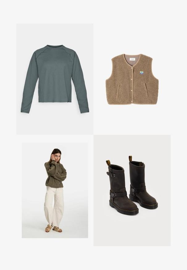 Brązowa kamizelka z polaru o miękkiej fakturze, z okrągłym dekoltem, z przodu na zatrzaski oraz z bocznymi kieszeniami; zawiera małą naszywkę z logo.; Długi rękaw, bluzka typu crew-neck z teksturowanej, ciemnozielonej tkaniny, z prążkowanym wzorem i lekko skróconym dołem.; Free People - Jeansy Relaxed Fit; Ciemnobrązowe skórzane buty z projektu do połowy łydki, żółte szwy, regulowane paski z klamrami oraz pętle do zakupu na górze. Teksturowane wykończenie.