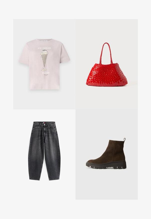 Gilet in felpa marrone con una texture morbida, scollo rotondo, chiusura frontale con bottoni a pressione e tasche laterali; presenta un piccolo logo ricamato.; T-shirt di cotone rosa chiaro con grafica di un cono gelato con gocce. Testo che recita "ICE CREAM PLEASE" in bianco. Maniche corte, vestibilità comoda.; Jeans in denim nero a vita alta con una vestibilità rilassata, dotati di cinque tasche, passanti per la cintura e un'etichetta del marchio sulla cintura.; Stivaletto in camoscio marrone con suola in gomma nera chunky, caratterizzato da un leggero tacco e una linguetta sul retro per una facile calzata.; Borsa intrecciata rossa con finitura lucida, dotata di manici intrecciati. Forma triangolare distintiva e superficie testurizzata con un motivo fitto.