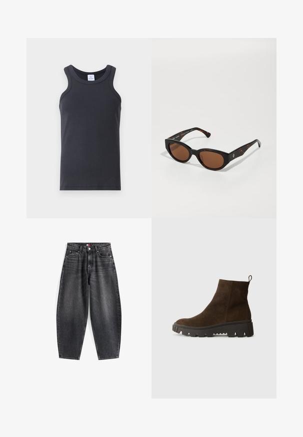 Ruskea fleece-liivi, jossa on pehmeä rakenne, pyöreä kaula-aukko, edessä nappisuljenta ja sivutaskut; sisältää pienen logopatchin.; Musta ribbeillä varustettu hihaton paita, jossa on pyöreä kaula-aukko, leveät olkaimet ja sileä pinta. SisältääLogon kaula-aukossa.; Korkeavyötäröiset mustat farkut rentoon istuvuuteen, joissa on viisi taskua, vyölenkit ja merkkilabel vyötäröllä.; Ruskoharmaa nahkasaapas nilkkoihin, jossa on paksu musta kumipohja, hieno korko ja vetotappi takana helppoa pukemista varten.; Mustikkatäpläiset aurinkolasit ruskeilla linsseillä, kulmikas muotoilu ja leveät sankat, joissa on hillitty logodetus. Sileä muovipinta.