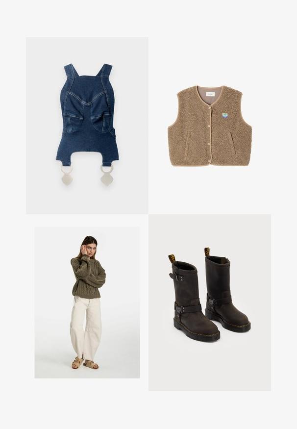 Smeđa flis prsluk s mekom teksturom, okruglim izrezom, prednjim zatvaranjem na kopču i bočnim džepovima; sadrži malu oznaku loga.; Denim bluza s širokim naramenicama, dva prednja džepa, zakrivljen dekolte i srebrni elementi za zatvaranje na dnu.; Free People GOOD LUCK MID RISE BARREL - Traperice opuštenog kroja - beige; Tamno smeđe kožne čizme srednje visine, sa žutim šavovima, podesivim kopčama i ručicama za povlačenje na vrhu. Teksturirana površina.