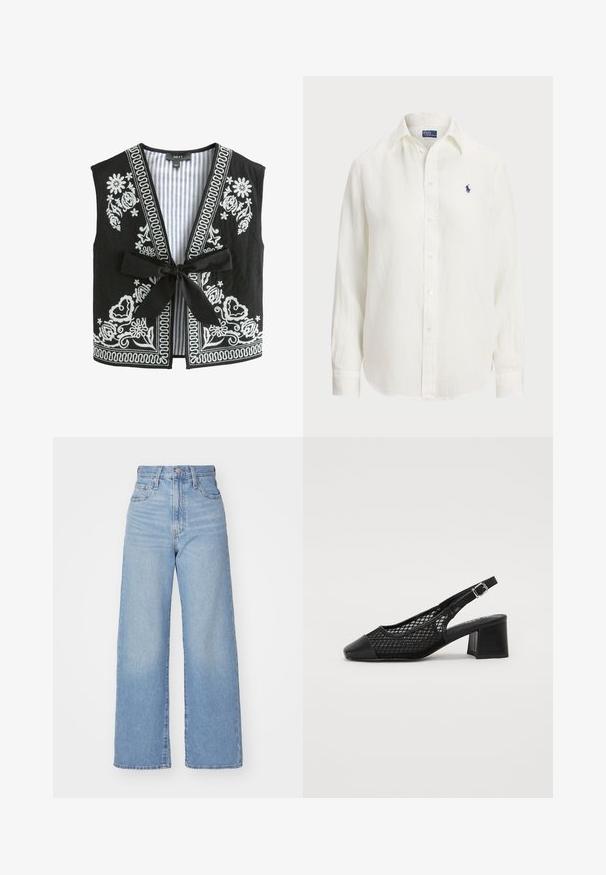 Fekete mellény fehér virágmintás hímzéssel és csíkos béléssel, V-nyakkivágással, ujjatlan kialakítással és elől megkötős záródással.; Fehér vászon ing hosszú ujjakkal, gombos gallérral és elöl gombokkal. A mellkason egy kicsi, kék hímzett logó található.; Világoskék, magas derekú, bő szárú farmernadrág, elülső gombbal és cipzárral, elülső és hátsó zsebekkel, fehér háttérrel.; Fekete slingback cipők, hálós felsőrésszel, gyémántmintával, hegyes orral fényes kiegészítővel és alacsony tömbsarkúval.