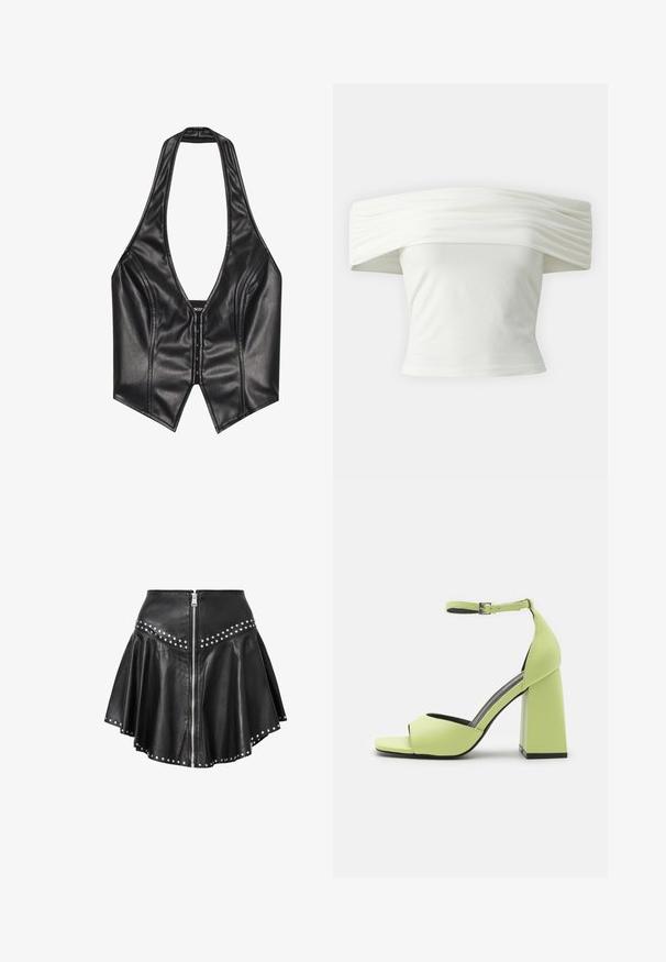 Čierny faux kožený top na krk s hlbokým V-útom, štruktúrovaný strih, predné zapínanie na háčik a špicatý lem. Hladká textura po celom povrchu.; Biely top bez ramienok s prešívaným, strukturovaným dekoltom a priliehavým telom. Vyrobený z mäkkej látky s hladkou textúrou.; Čierna kožená mini sukňa s rozšíreným dizajnom, striebornými hrotmi pozdĺž lemovania a pása a predným zipsom. Hladká textúra po celom povrchu.; Even&Odd Sandále na vysokom opätku - light green