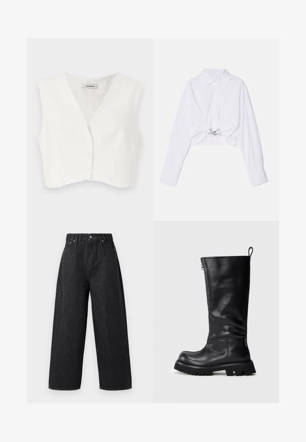 Balts īss tops ar V veida izgriezumu, divām priekšējām kabatām, piecām pogām un vertikālām tekstūrām. Izgatavots no gludas, vieglas auduma.; Balta cropped krekls ar garām piedurknēm, pogu aizdare, klasiskā apkakle un sudraba aksesuārs centrā. Gluda auduma tekstūra.; Melni denima platmaksas bikses ar augstu jostasvietu, ar pogu un rāvējslēdzēju, šuvētām kabatām un gludu tekstūru.; Garšas melnie ādas zābaki ar masīvu zoli, noapaļotu purngalu un vilkšanas cilpu aizmugurē uz vienkārša gaiša fona.