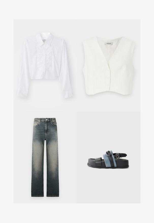 Vit kortärmad topp med v-ringning, två framfickor, fem knappar och vertikala strukturerade ränder. Tillverkad av ett mjukt, lätt tyg.; Avskuren vit skjorta gjord av slät bomull, med en framtill volangdetalj, spetsig krage och långa ärmar med knäppte manschetter.; Höga raka jeans med blekt ljus- och mörk denimtvätt och klassisk femfickdesign.; Svart och blå sandal med en tjock plattform, läder- och denimmaterial, justerbar spänne och öppen tå-design.