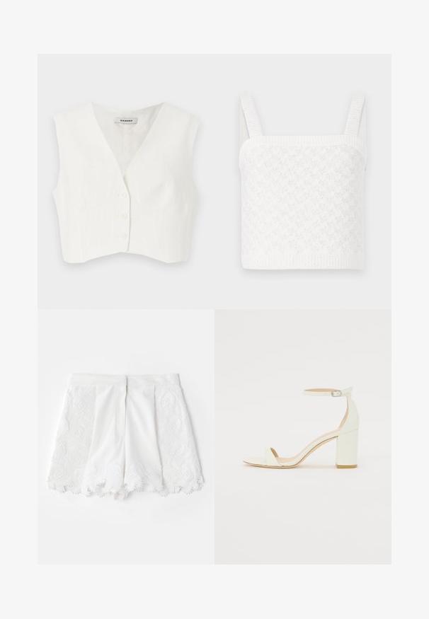 Bijela uska majica s V izrezom, dva prednja džepa, pet dugmadi i okomitim teksturiranim prugama. Napravljena od glatkog, laganog materijala.; Bijeli pleteni crop top s kvadratnim izrezom, s teksturiranim uzorcima i širokim rebrastim trakama. Mekana tkanina s suptilnim sjajem.; Bijele kratke hlače s teksturiranim vezom duž strana i valovitim rubovima. Glatka tkanina s dekorativnim perlama.; Bijela kožna sandala na blok petu s remenom oko zapešća i minimalističkim dizajnom. Otvoreni nos i glatke teksture kroz cijelu obuću.