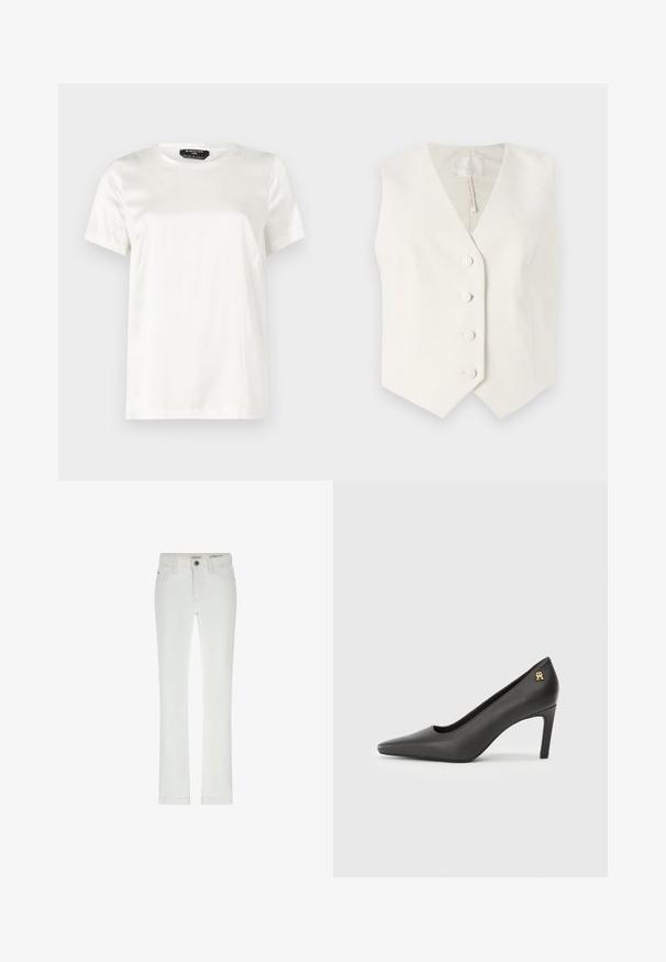 Guess THEOLINE PERFECT VEST - Vesta - cream white; Biela tričko s krátkym rukávom z hladkej, lesklej látky s okrúhlym výstrihom. Má jemný lesk a minimalistický dizajn.; Biele džínsy so slim fit strihom, 5 vreckami a kontrastným prešívaním. Obsahujú zapínanie na gombík a nenápadnú značkovú etiketu na páse.; Čierne lakované kožené vysoké podpätky s špicatou špičkou, s malým zlatým logom na podpätku. Hladká textúra, elegantný dizajn.