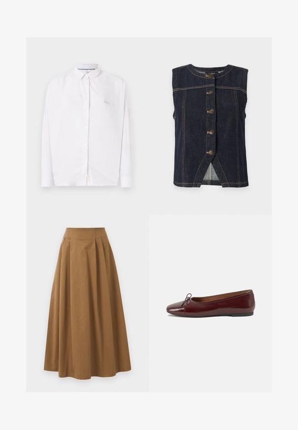 Tamsios džinsinės be rankovių liemenės su apvaliu iškirpimu, priekyje su mygtukų uždarymu ir kontrastinga siūle. Turi plyšį apačioje, kad būtų patogiau judėti.; Balta ilgaa rankovėmis marškiniai su šviesiai mėlynomis vertikaliomis juostelėmis, su mygtukų užsegimu priekyje ir apykakle; turi mažą logotipą kairėje krūtinės pusėje.; Ruda medvilninė A formos sijonas su aukštu liemeniu, puikuojantis klostėmis priekyje ir lygia tekstūra. Apdailos kraštai yra švarūs ir paprasti.; Bordo lakiotos odos baleto bateliai su apvalia nosimi, maža kaspinėlio akcentu priekyje ir žema juoda guma padanga. Lygi tekstūra.