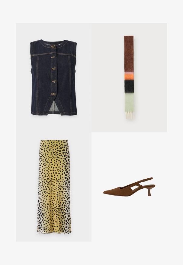 Mørk denim ærmeløs vest med rund halsudskæring, frontknaplukning og kontrasterende syninger. Har en spaltned ved kanten for lettere bevægelse.; Hvid T-shirt med korte ærmer lavet af bomuld, med rund hals og lige kant. Minimalistisk design uden synlige mønstre eller detaljer.; Midi-nederdel i gult og sort med pletter, lavet af letvægtigt stof, der har en glat tekstur og en lige skæring med en kant.; Brune ruskind slingback sko med spids tå, udskæringsdesign og en slank hæl. Har en spænde rem og en glat inderside.; Mønstret tørklæde med striber i brun, orange, sort og grøn, lavet af blødt, struktureret stof, med frynser i enderne.