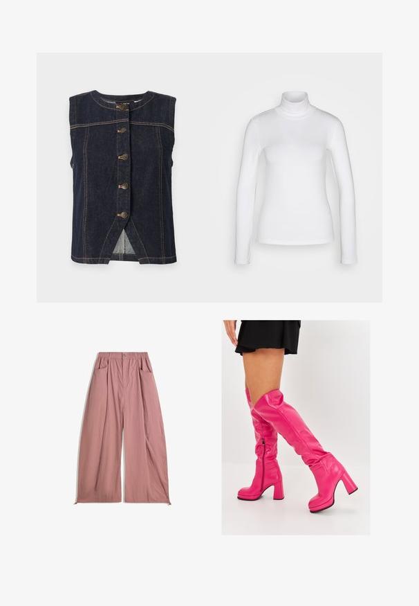 Gilet senza maniche in denim scuro con scollatura rotonda, chiusura frontale con bottoni e cuciture a contrasto. Presenta uno spacco sull'orlo per facilitare i movimenti.; Maglione bianco a maniche lunghe con collo alto, realizzato in un tessuto liscio e elastico. Presenta una vestibilità aderente e un colletto alto. Nessun motivo o accento visibile.; Pantaloni a vita alta e ribelli, realizzati in morbido tessuto rosa pallido. Caratterizzati da una cintura elastica, due tasche laterali e una finitura liscia e strutturata.; Stivali rosa sopra il ginocchio realizzati in pelle liscia, con un tacco alto e spesso e una zip laterale, caratterizzati da una parte superiore piegata per un tocco di design in più.