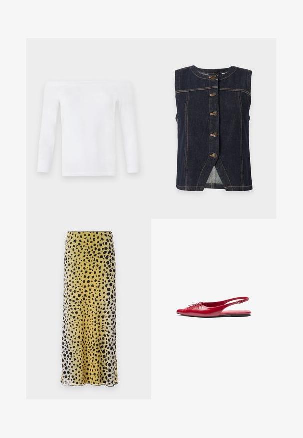 Tumši džinsa bez piedurknēm veste ar noapaļotu kakla izgriezumu, priekšējo pogu aizdari un kontrastējošu šuvju. Iemontēts splits apakšmalā nodrošina brīvāku kustību.; Balta off-the-shoulder gara piedurkne topa, kas izgatavota no mīksta auduma, ar pieguļošu dizainu, gludu tekstūru un minimālām šuvēm.; Dzeltena un melna punktota midi svārku, kas izgatavota no viegla auduma, ar gludu tekstūru un taisnu griezumu ar apakšmalu.; Sarkans ādas kurpes bez papēžiem ar smailu purngalu un dekoratīvu šnīrēšanas detaļu priekšpusē, ar šauru potītes siksniņu un platu zoli.